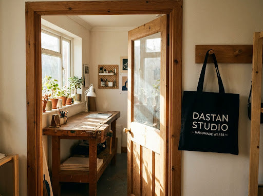 The DASTAN studio workbench in Lahore, with a canvas tote hanging by the door