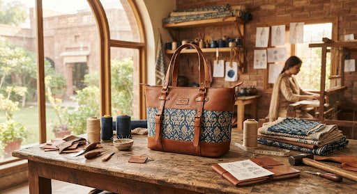 A finished tote on the studio workbench, with a weaver at work behind it