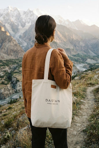 A DASTAN tote carried on a mountain trail in Hunza